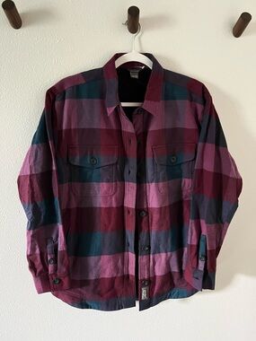Eddie Bauer Burgundy Navy Teal & Pink Sherpa-lined Plaid Flannel Shacket NWOT